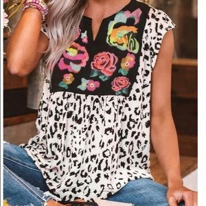 Cow Printed Flower Splicing V-Neck Blouse do 3/$25